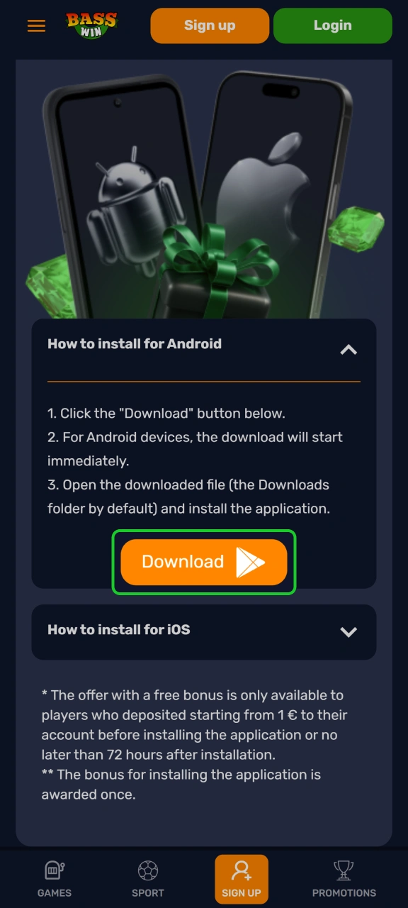 Get the official installation file directly to your device from Basswin.