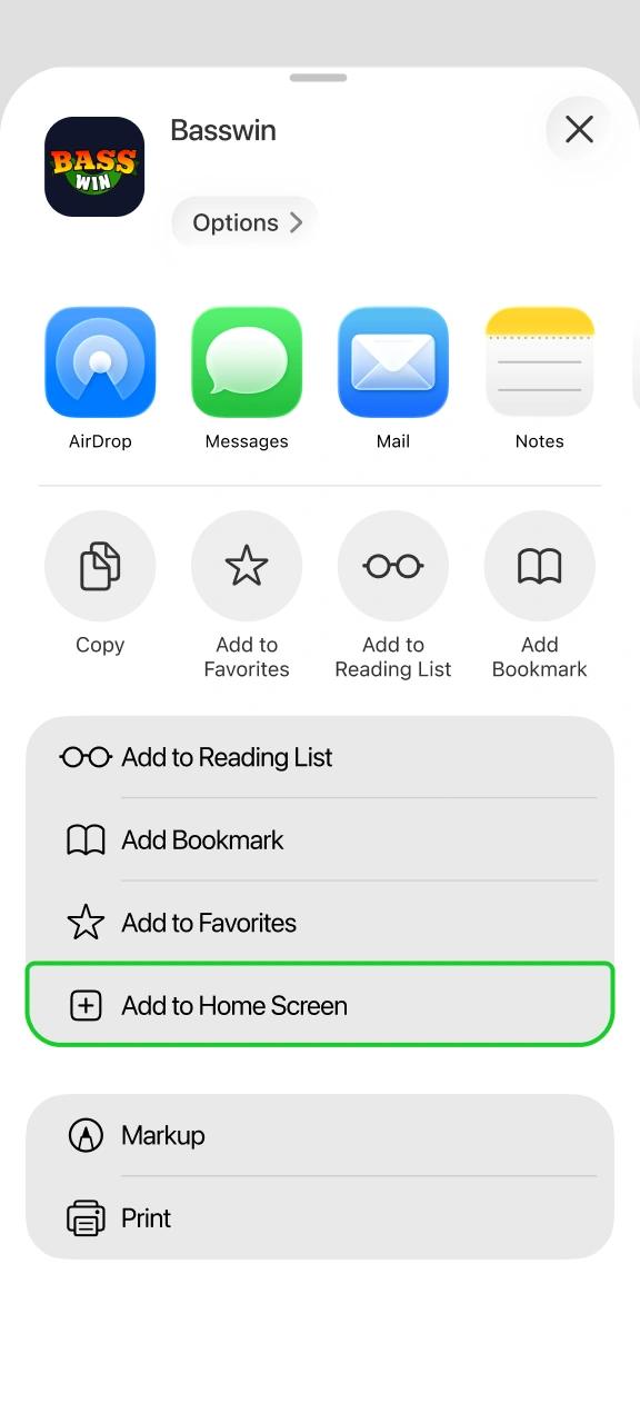 Create a quick shortcut icon on your iPhone home screen for Basswin.