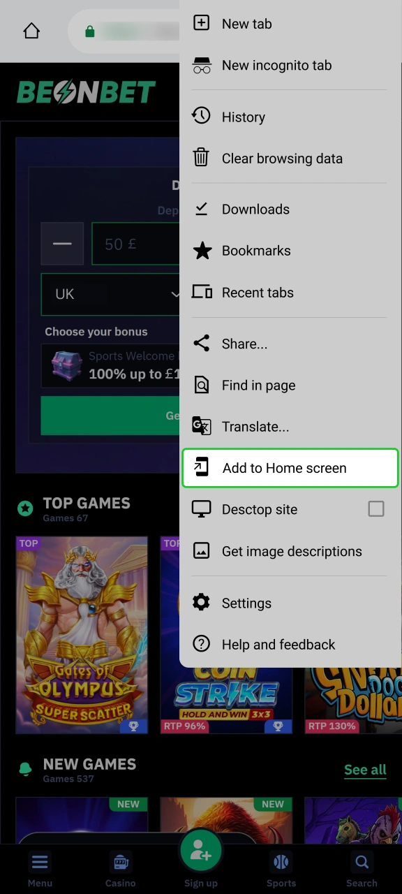 Choose Add to Home screen option for instant Beonbet access.