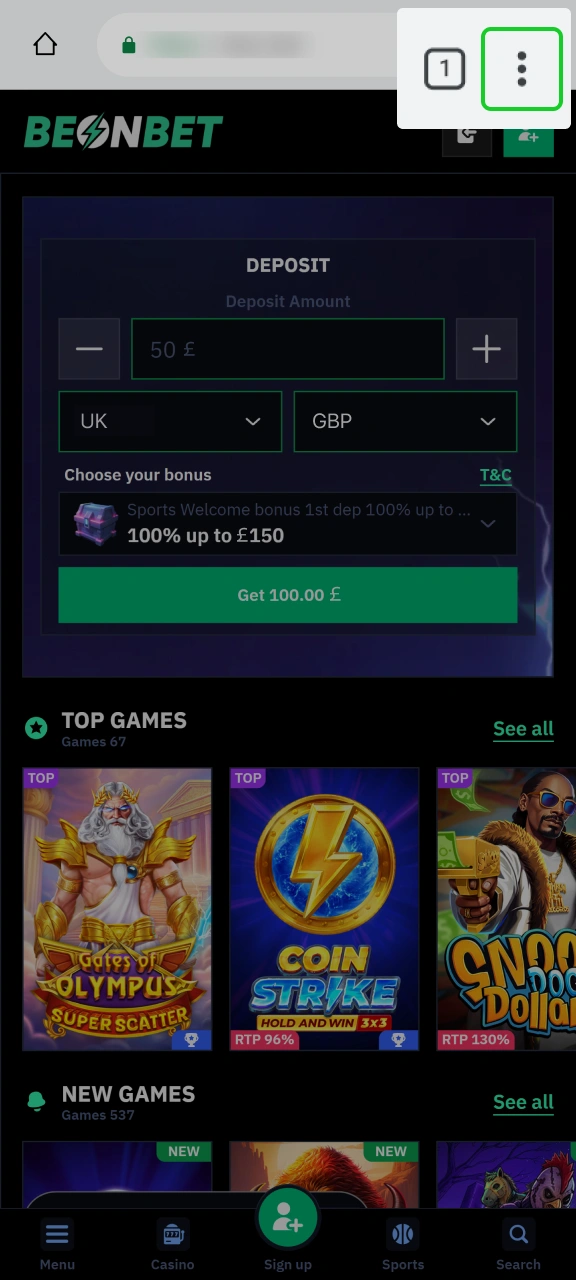 Tap three dots menu in your browser to proceed with Beonbet.