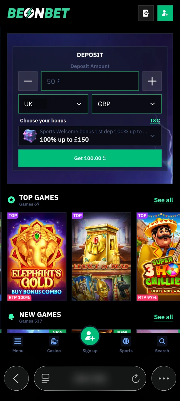 Open the official mobile platform using Safari browser for Beonbet.