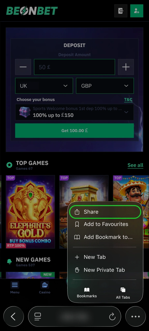 Click the share icon in Safari to proceed on Beonbet.