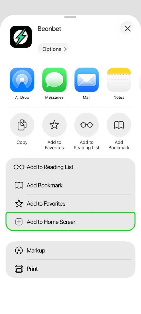 Select Add to Home Screen to install web app for Beonbet.