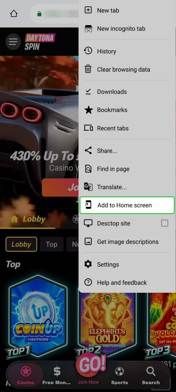 Select home screen shortcut creation option for fast Daytonaspin access.