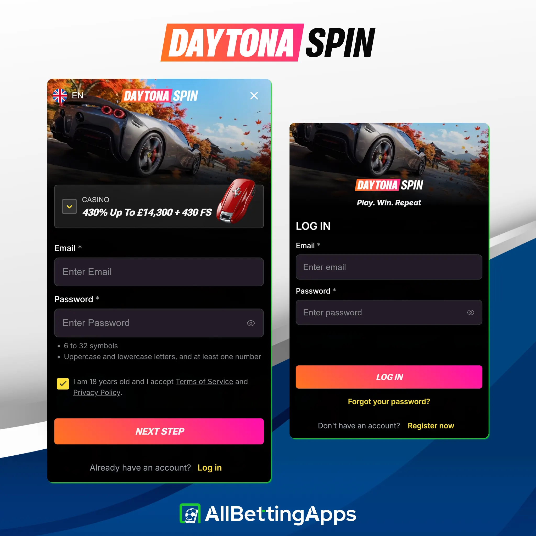 Create a new player account or sign into Daytonaspin easily.