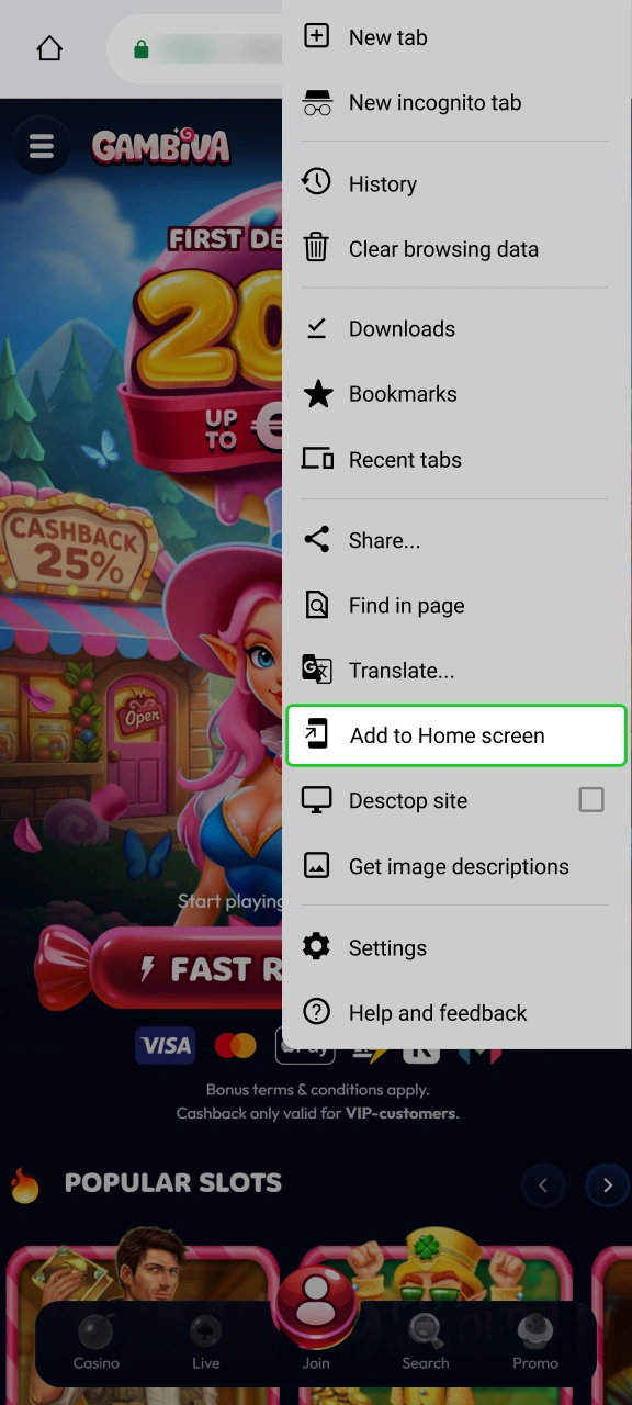 Select home screen shortcut creation option for fast Gambiva access.