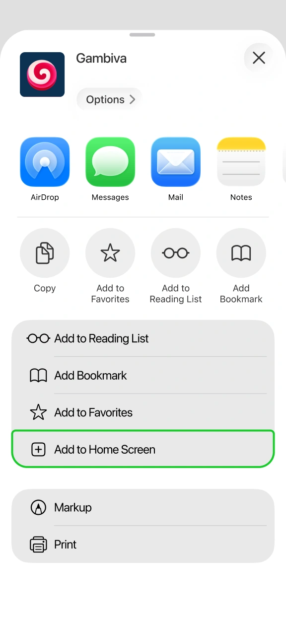 Create quick web app shortcut on your iPhone for Gambiva.