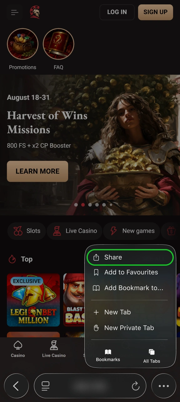 Click the browser sharing icon to proceed on Legionbet.
