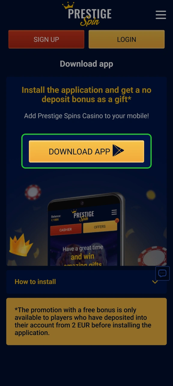 Get the official Android installation file directly from Prestige Spin.