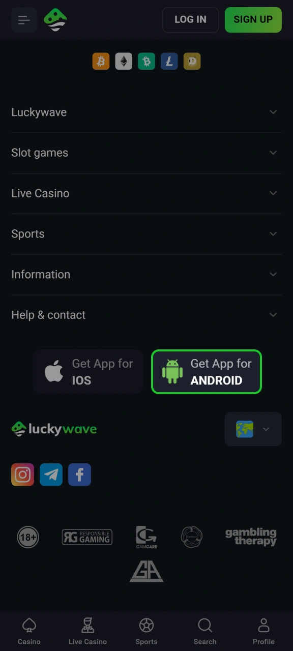 Get the official Android application file directly from LuckyWave.