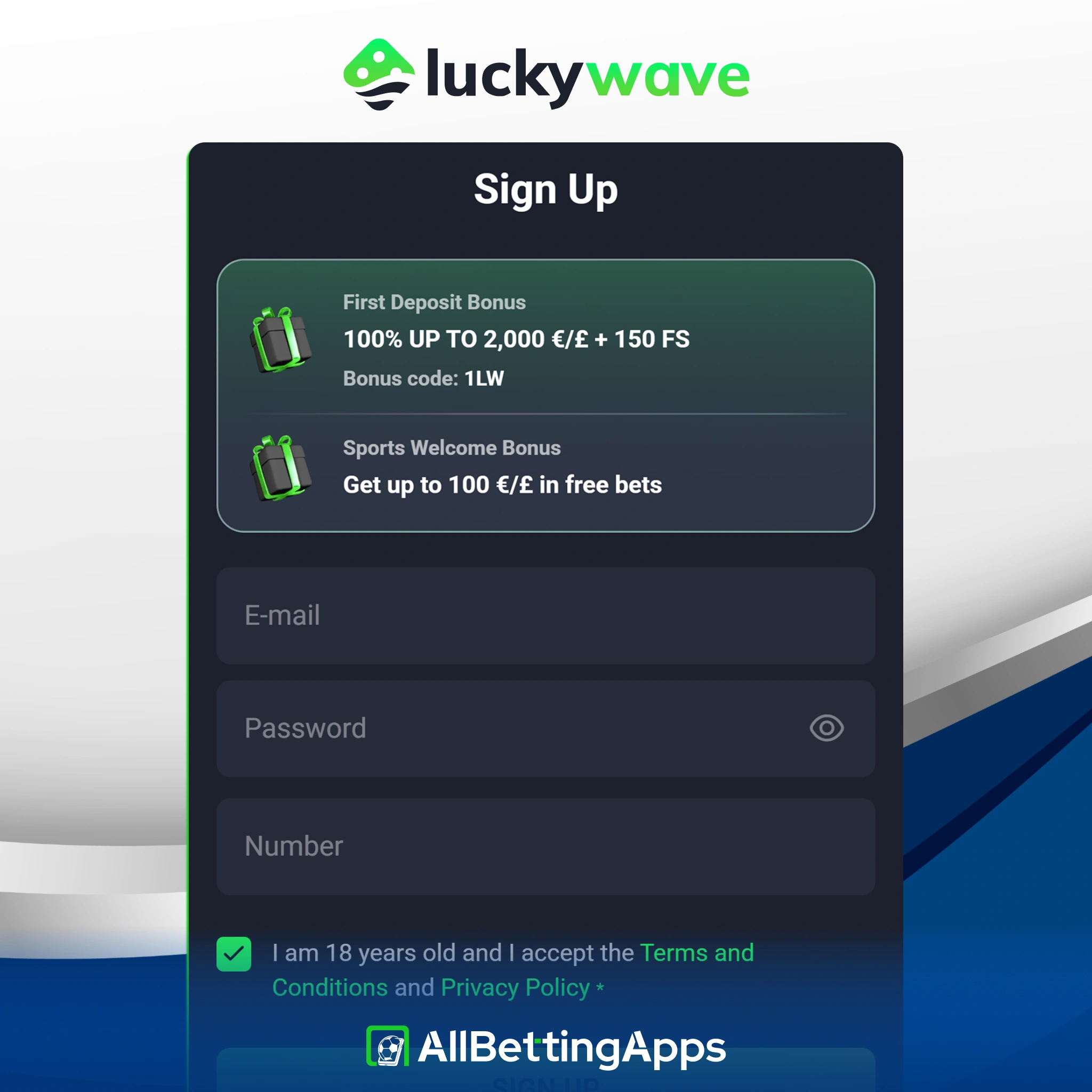 Create your new player profile directly inside the LuckyWave app.