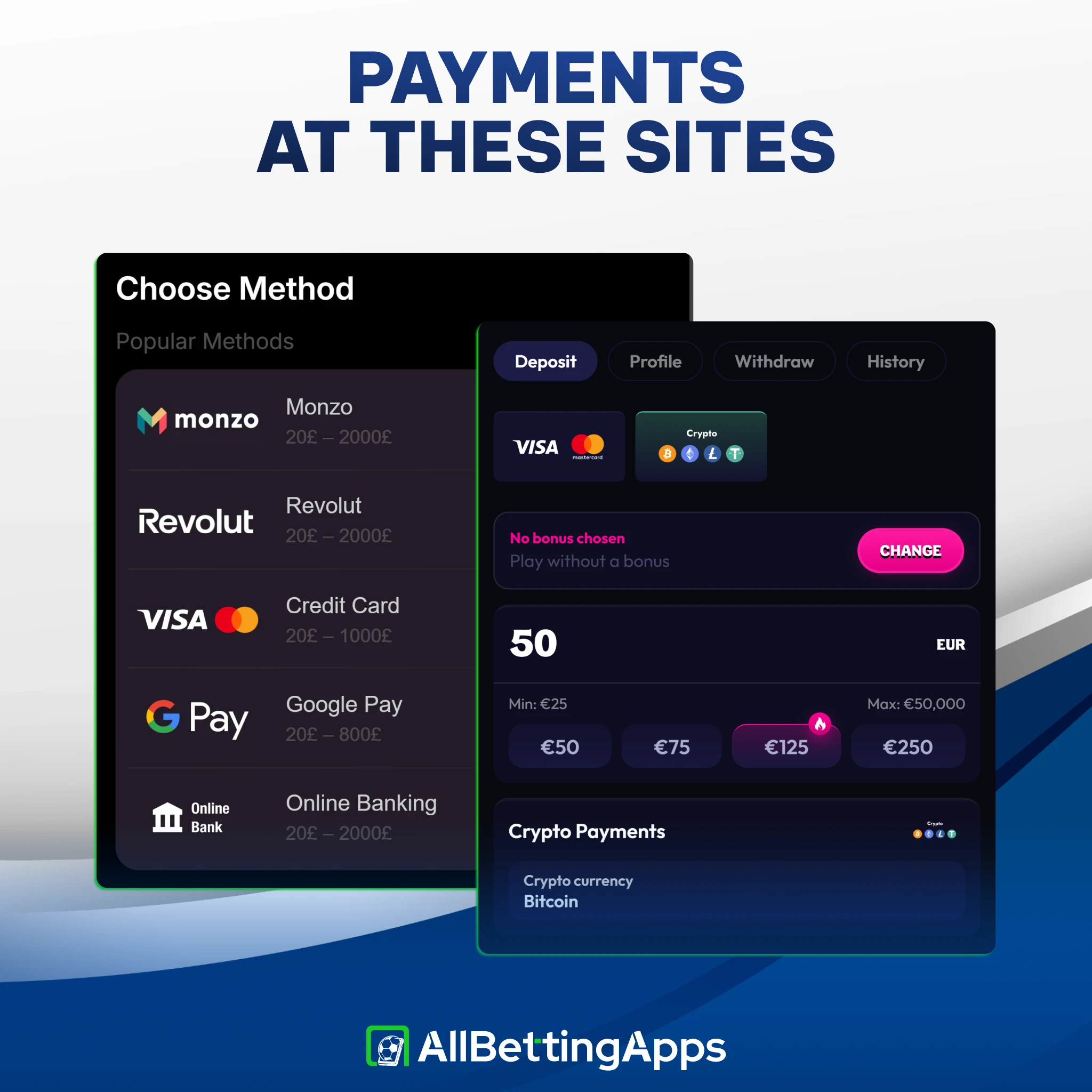 Compare supported deposit and withdrawal methods listed on allbettingapps.
