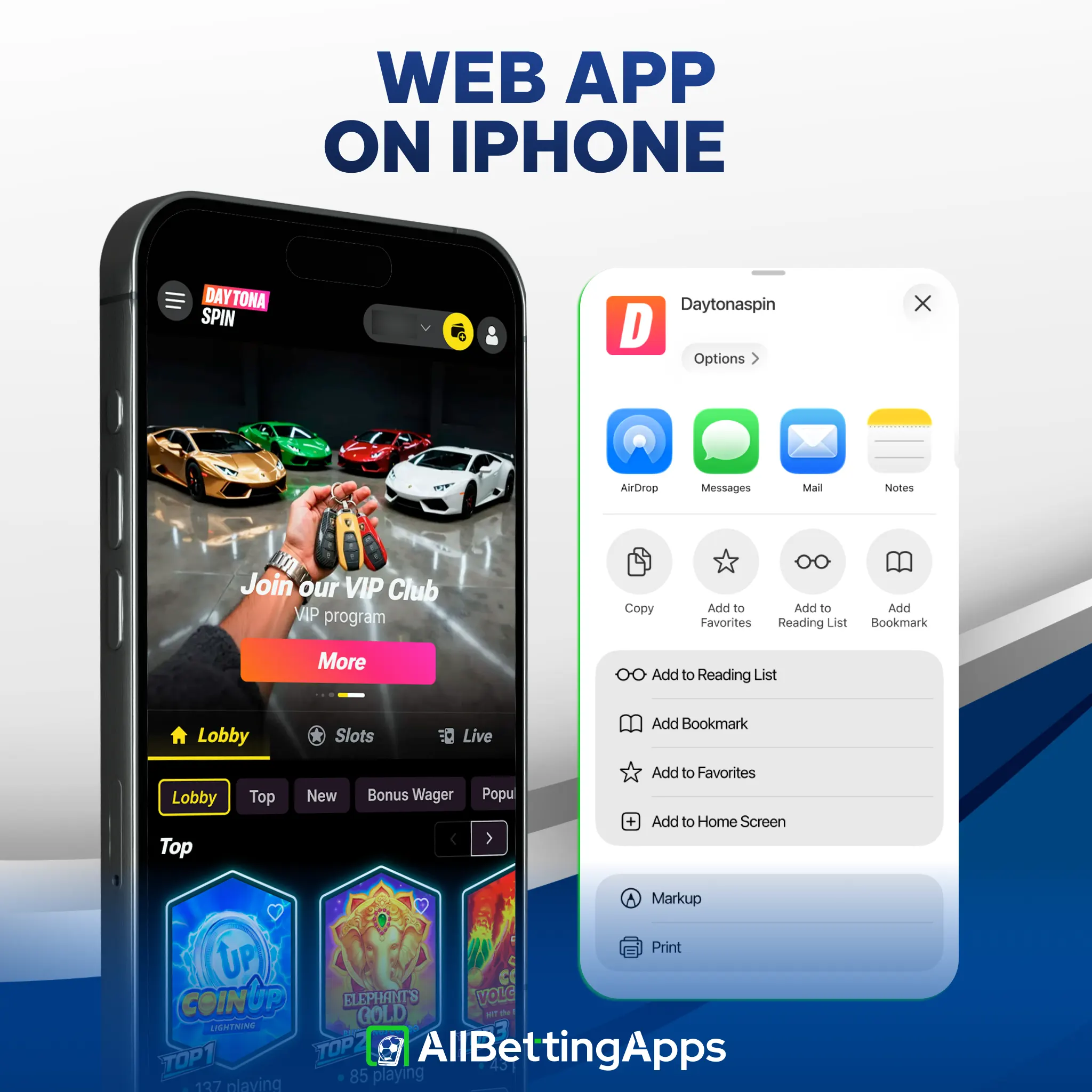 Save iOS web app shortcuts to home screen with allbettingapps.