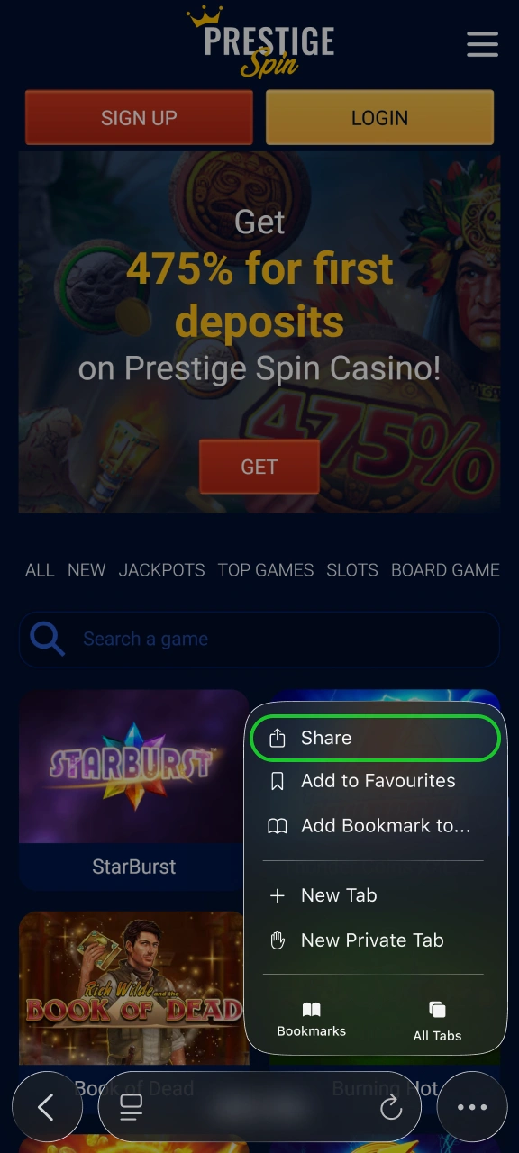 Click the browser sharing button to set up Prestige Spin on iOS.