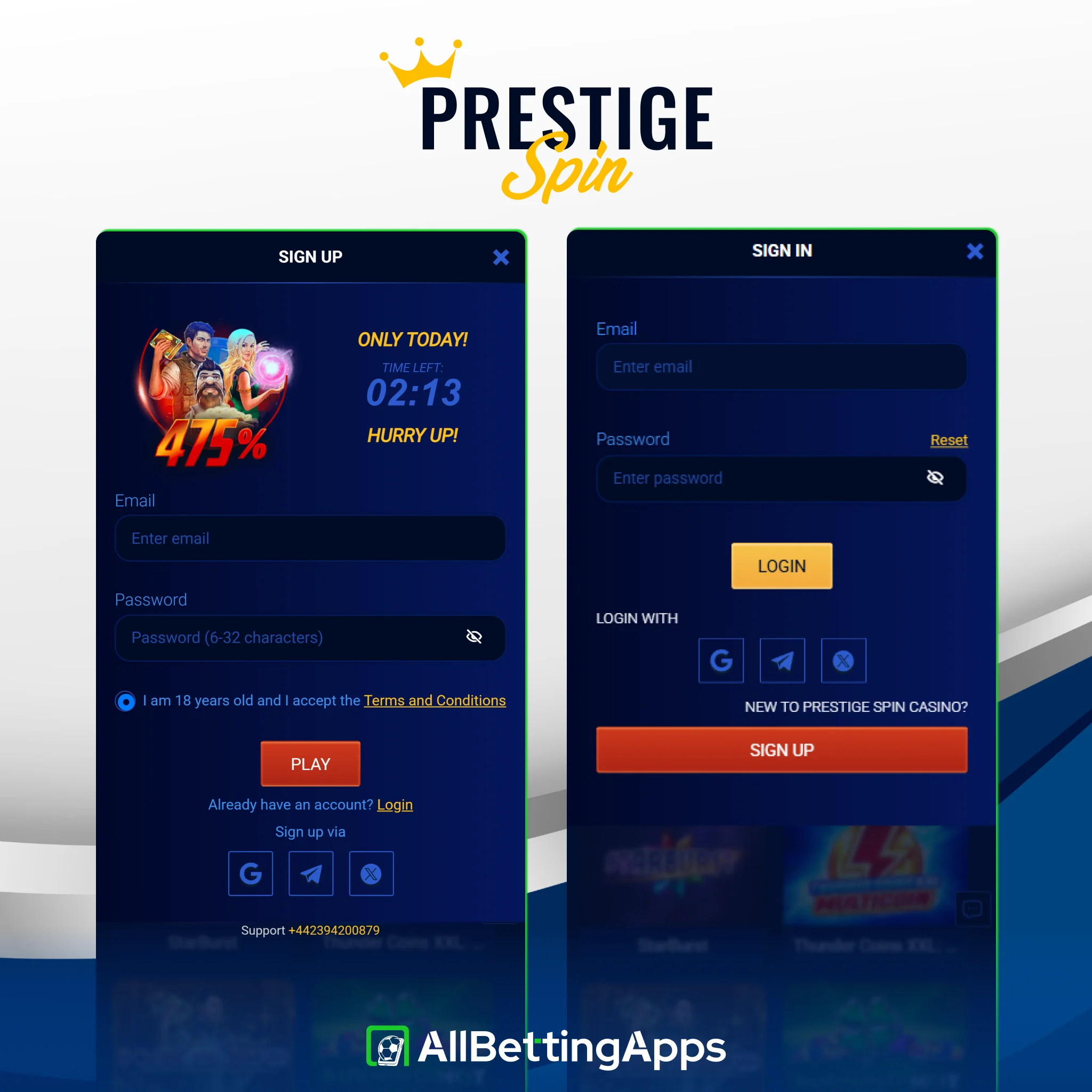 Create your new player profile to begin playing at Prestige Spin.