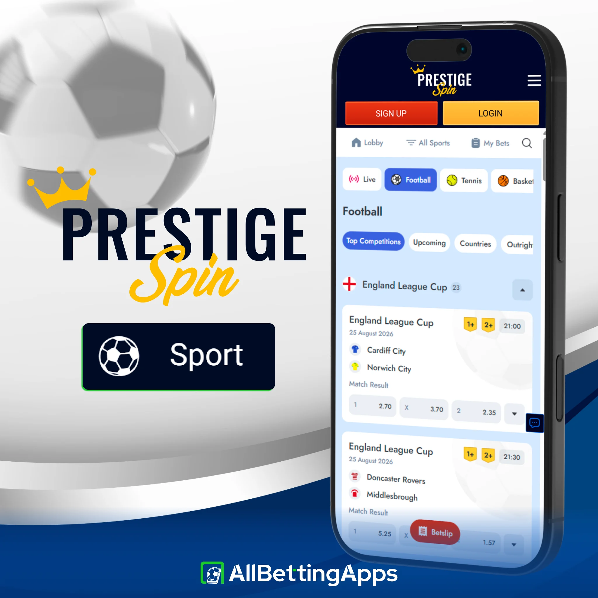 Explore available sports markets and casino games at Prestige Spin.