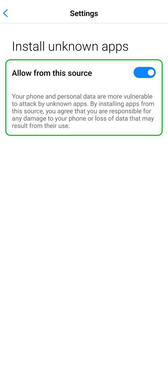 Enable unknown sources in security settings for the Runa APK.