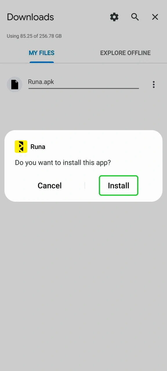 Complete setup and log into your mobile account on Runa.