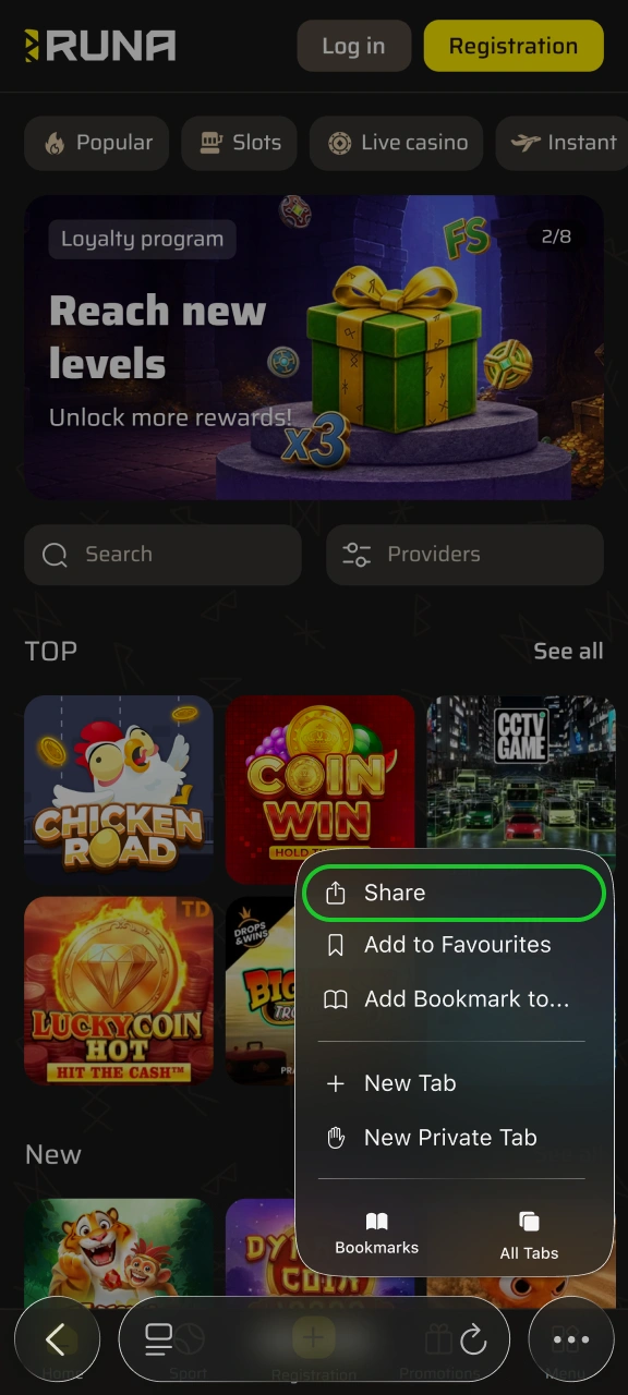 Click the browser sharing button to set up Runa iOS.