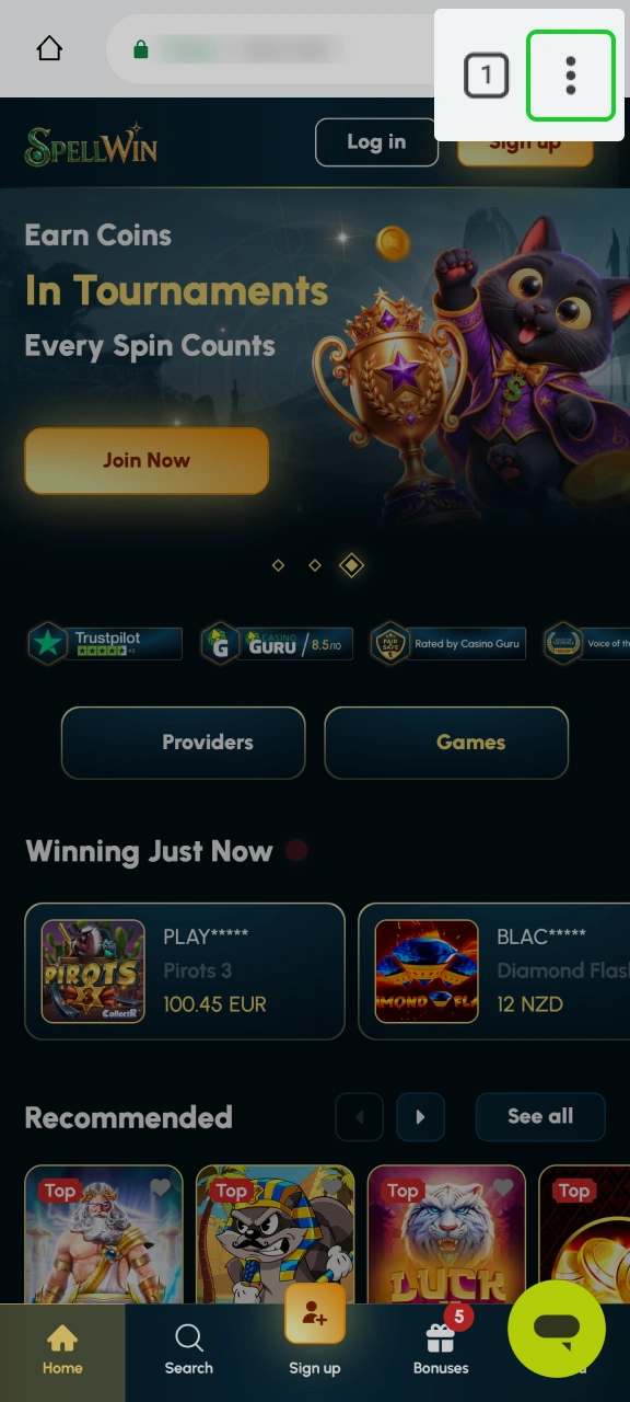 Tap the Chrome browser menu to continue setting up SpellWin.