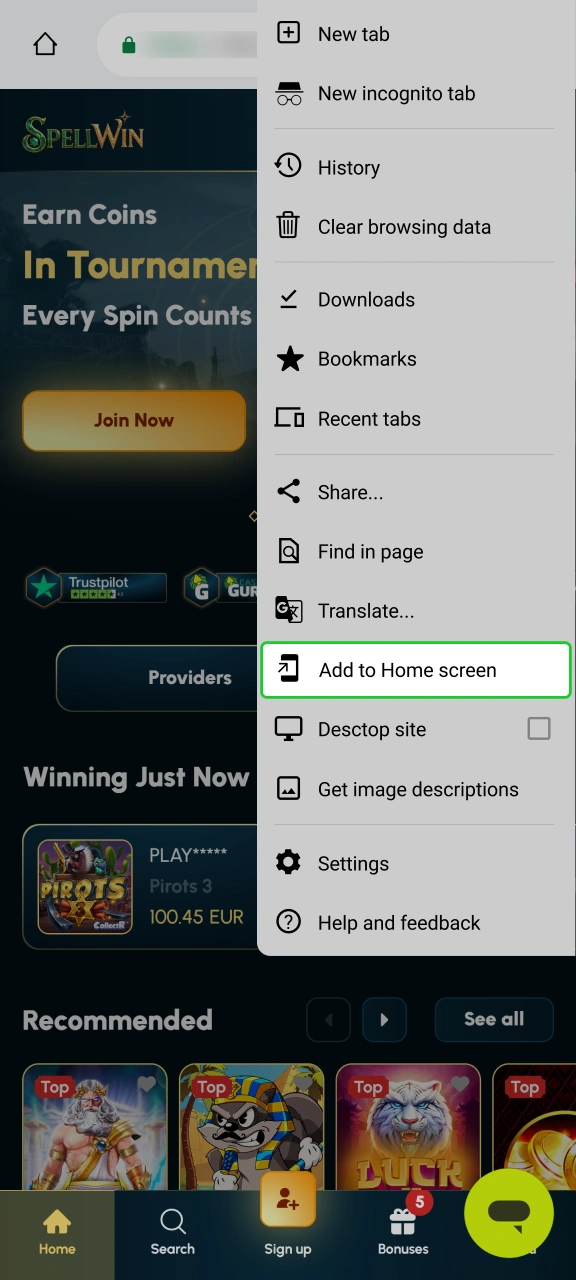 Choose Add to Home screen for instant access to SpellWin.