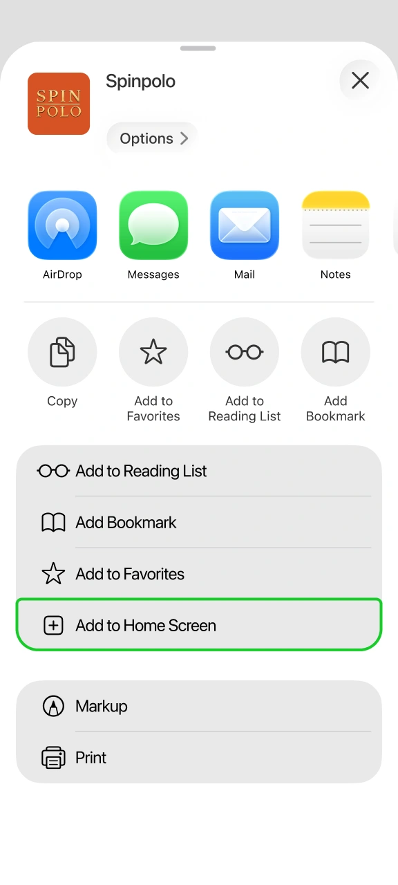 Create a web app shortcut icon on your iPhone for Spinpolo.
