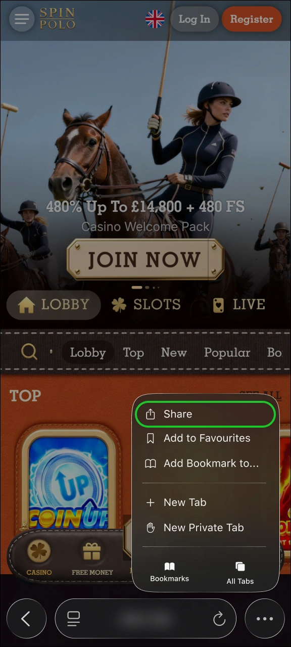 Click the Safari sharing button to configure Spinpolo on iOS.