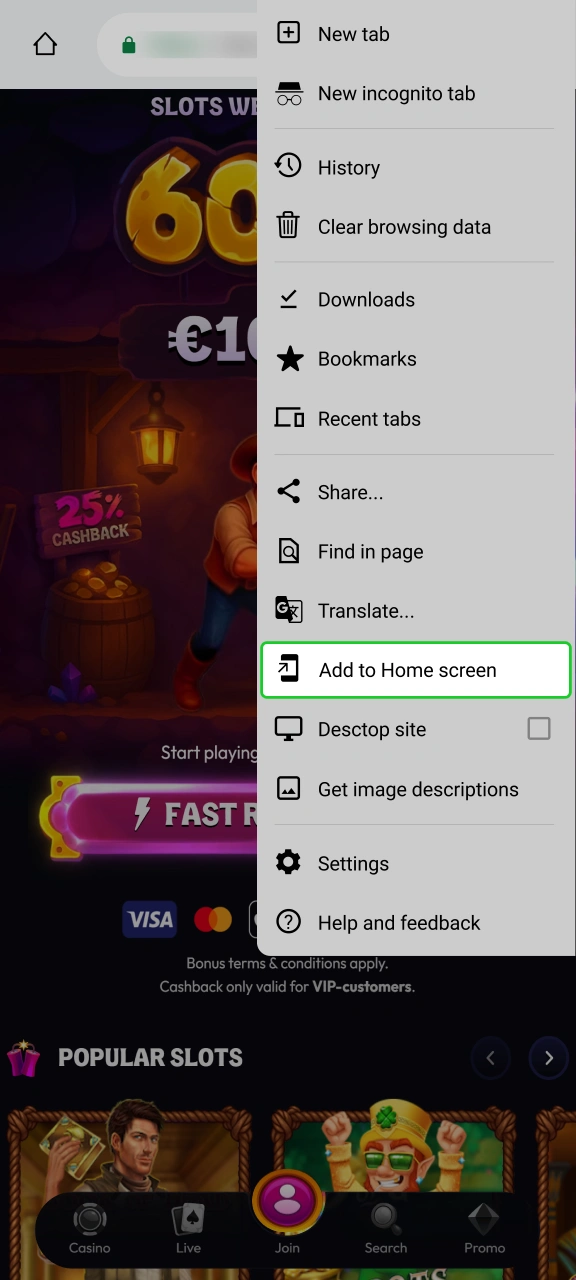 Select the home screen shortcut option for instant Wildzy access.