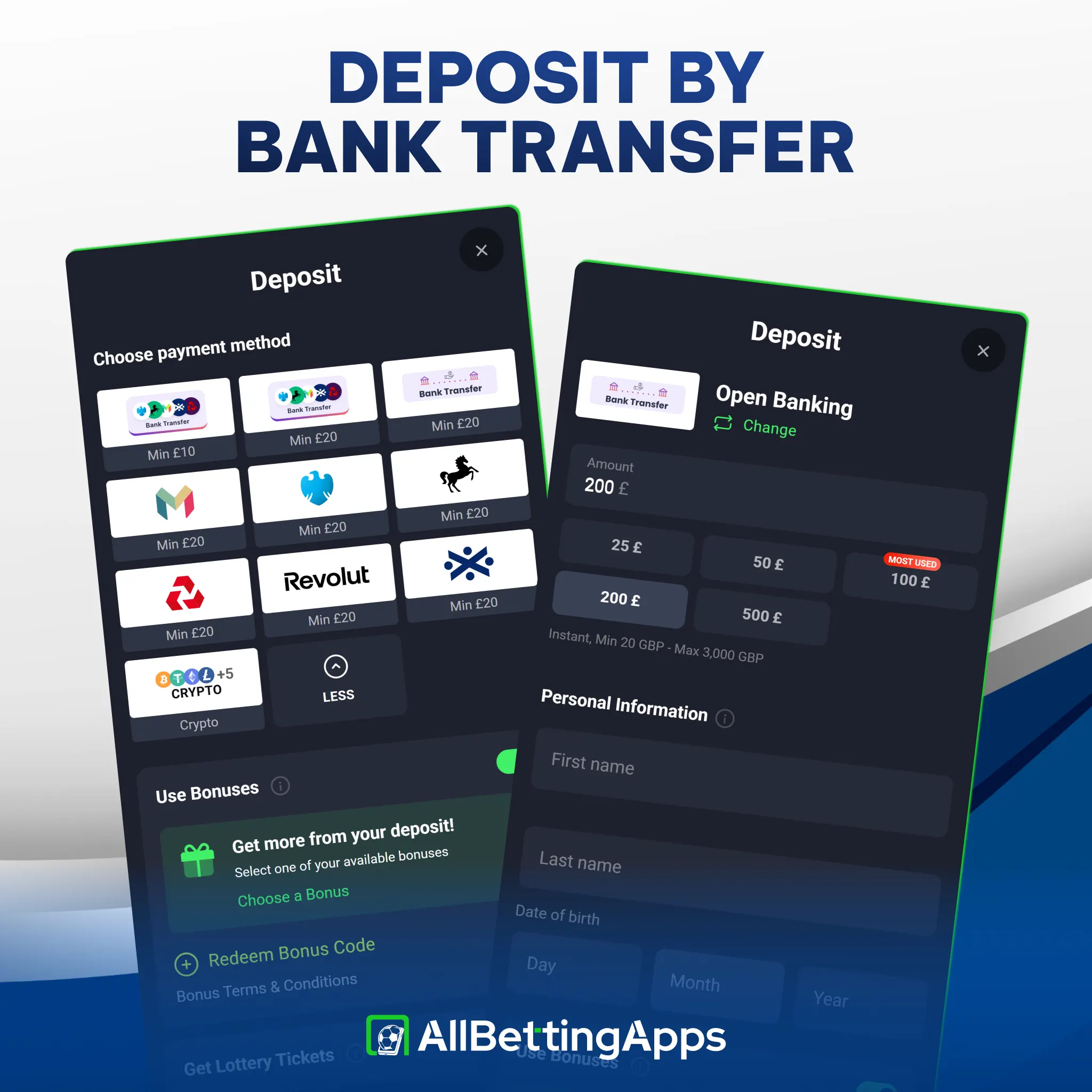 Follow bank transfer deposit instructions on allbettingapps.