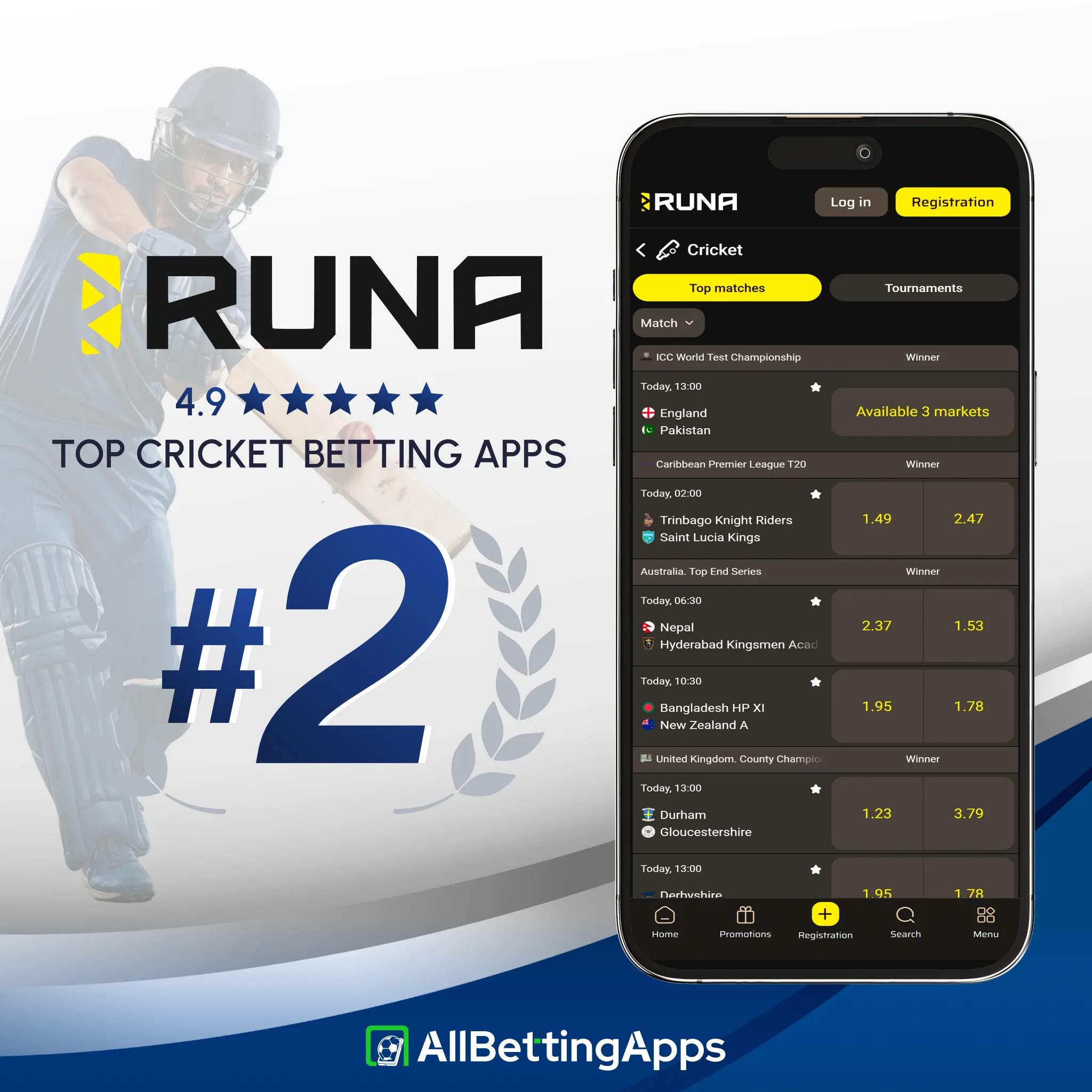 Check Runa sportsbook features and cricket odds on allbettingapps.